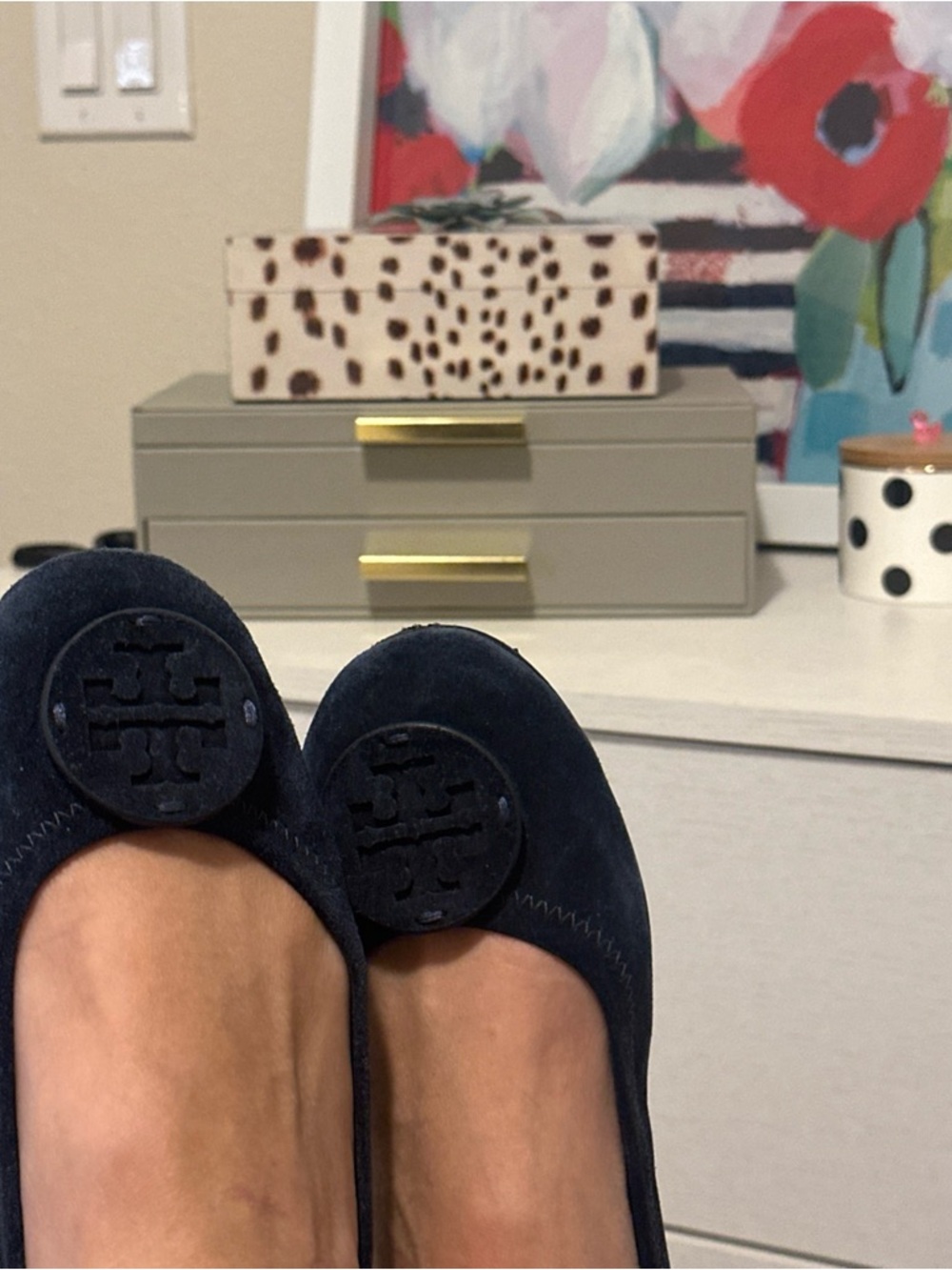 Tory Burch Navy Suede Logo Round-Toe Flats